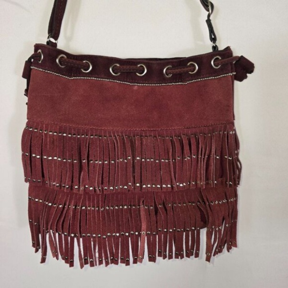 Fringe Suede Shoulder Bag - Burgundy